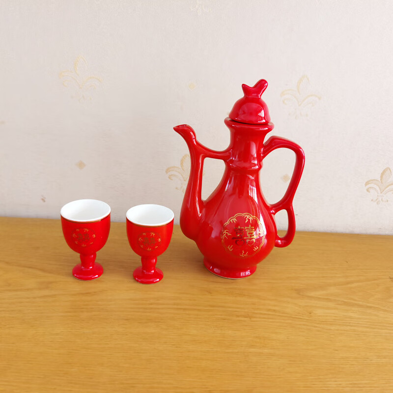 摩洛森结婚陶瓷敬酒杯红色酒壶套装新郎新娘交杯酒小酒杯新婚喝酒小