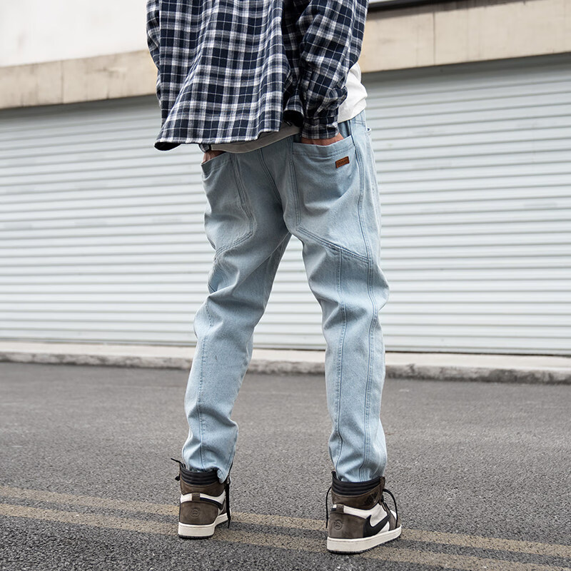 鹿家门牛仔长裤男秋季小脚休闲做旧长裤宽松拉链潮流牛仔运动裤 浅