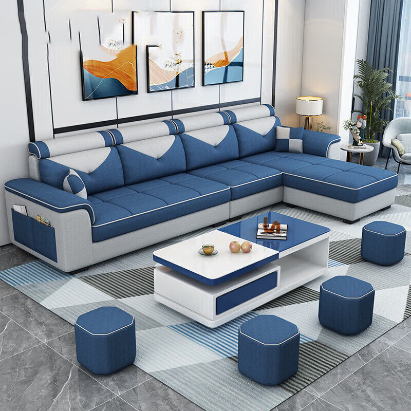 欧卡蔻2025新款沙发客厅整装大小户型简约现代轻奢科技布布艺沙发组合 梵星蓝-免洗科技布 乳胶版四位+脚踏