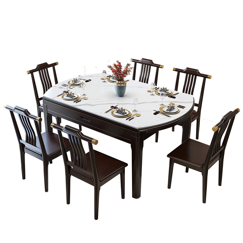 卡洛森餐桌 新中式实木餐桌可伸缩方圆两用轻奢岩板餐桌椅简约现代家用吃饭桌 黑紫色 1.2米单桌