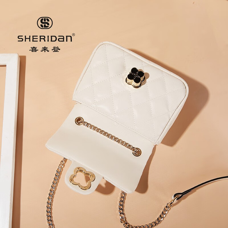 Sheridan喜来登 新款 牛皮小香风菱格链条包 时尚百搭单肩斜挎小包 米白色