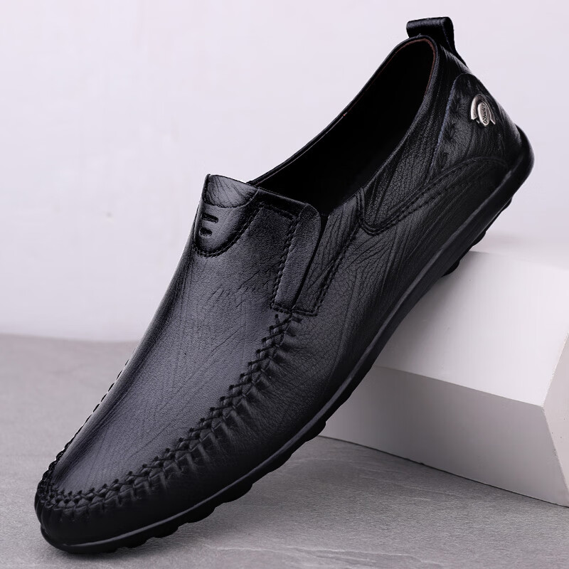 cat ai tata男士休闲皮鞋爸爸中年软底豆豆鞋秋季懒人37小码男鞋 黑色