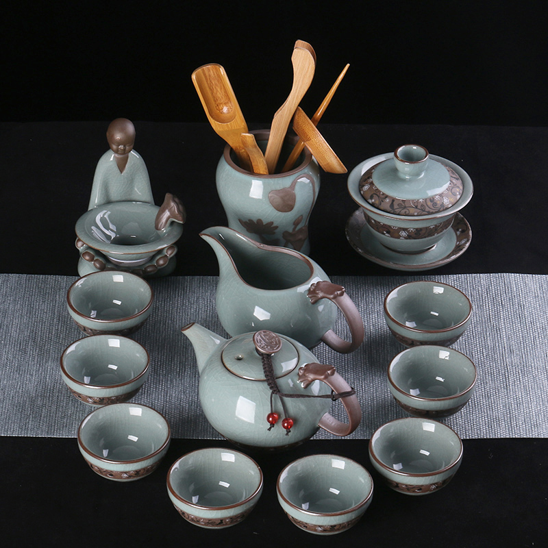 翼荏哥窑茶具冰裂哥窑茶具套装家用陶瓷冰裂釉汝窑功夫茶杯泡茶壶茶具