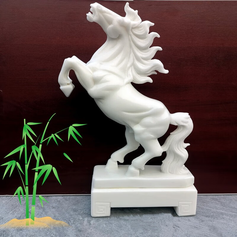 奥琅石苑天然汉白玉马摆件玉石工艺品动物腾飞奔腾马雕塑石雕马到成功