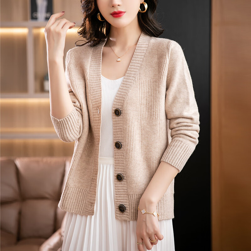 歌米拉 针织开衫女小款外套女士春秋年新款女装洋气外搭春秋毛衣 米色