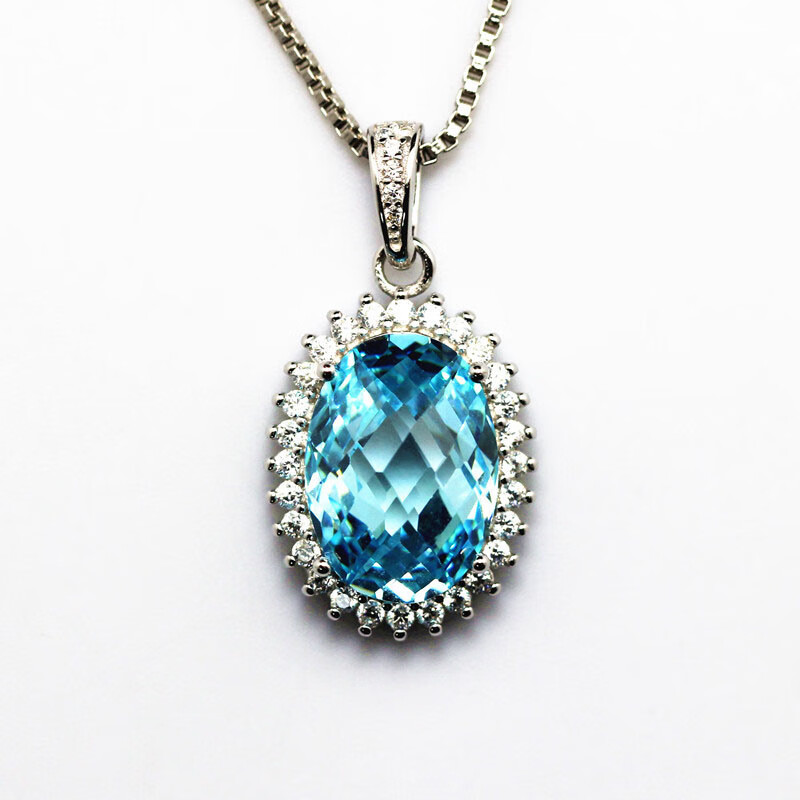 双盈喜椭圆形海蓝宝石吊坠女银项链坠子女款简约个性单坠可配链子饰品