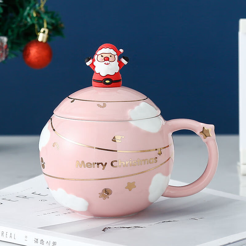 【现货直发】创意星球圣诞杯陶瓷马克杯带盖女生可爱情侣杯办公室喝水杯 圣诞杯-粉色 带盖勺