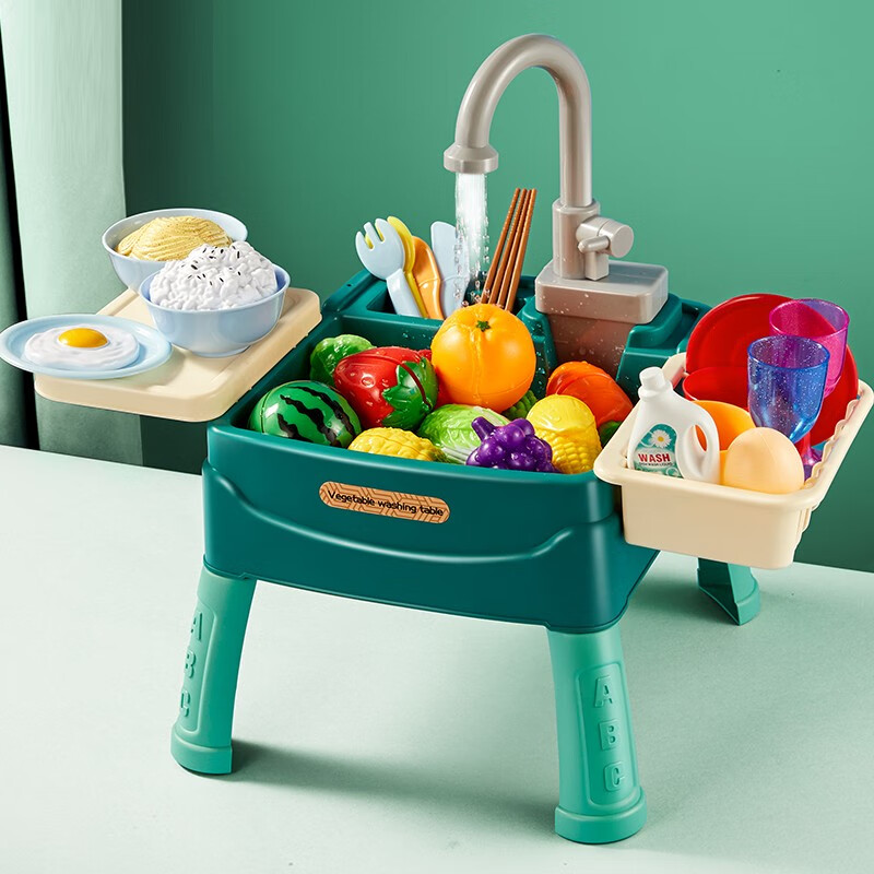 北欧时光儿童洗碗机玩具宝宝洗菜盆池出水仿真电动女孩过家家迷你厨房套装 二合一洗碗台(桌台版)-墨绿色