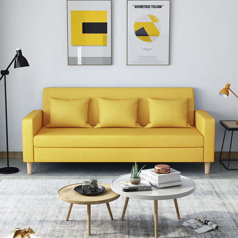 简易经济租房双人沙发小户型客厅布艺单人公寓网红款沙发 明黄色(实木脚+抱枕) 可拆洗单人(海绵版)