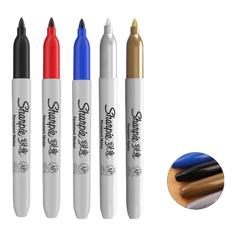 銳意（sharpie）馬克筆油性防水防褪色速干耐用記號(hào)筆 單頭細(xì)黑籃紅金銀5支