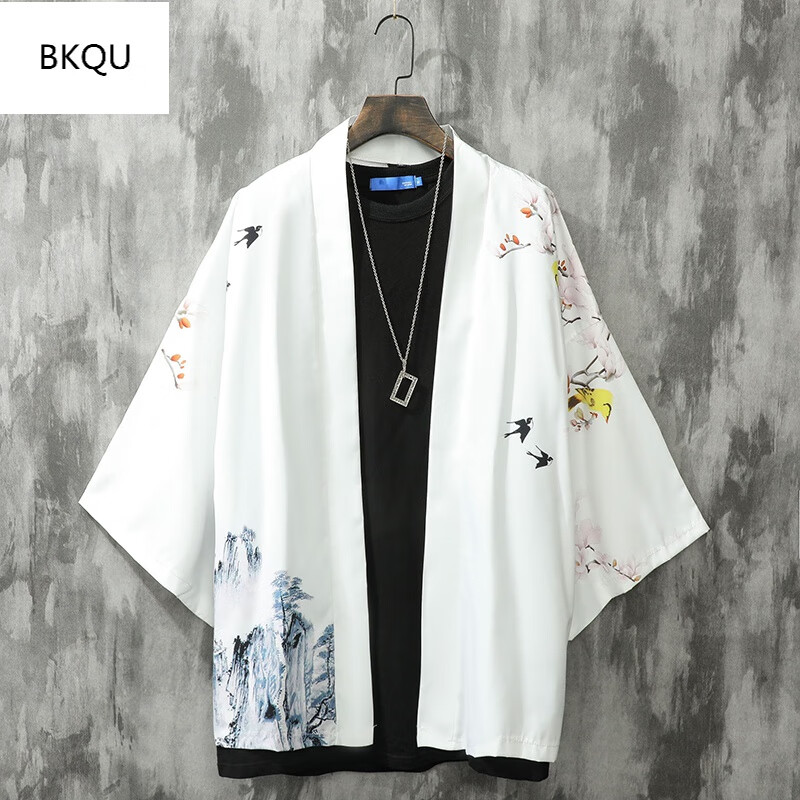 bkqu夏季七分袖衬衫男羽织中国风男装古风仙气汉服道袍薄款防阳晒衣外