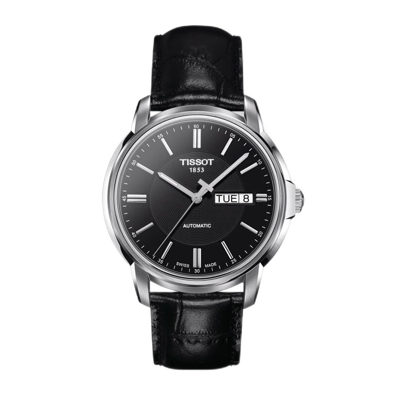 天梭（TISSOT）【全國聯(lián)?！咳鹗渴直?恒意系列雙日歷鋼帶自動機(jī)械男士腕表 黑盤皮帶 T065.430.16.051.00
