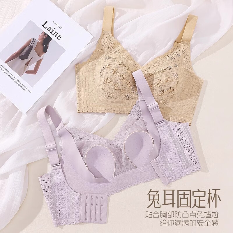 芬腾2件装超薄款内衣女大胸显小防下垂无痕透气蕾丝聚拢调整型文胸 09_栗子色+栗子色 XL 【推荐体重125-140斤】