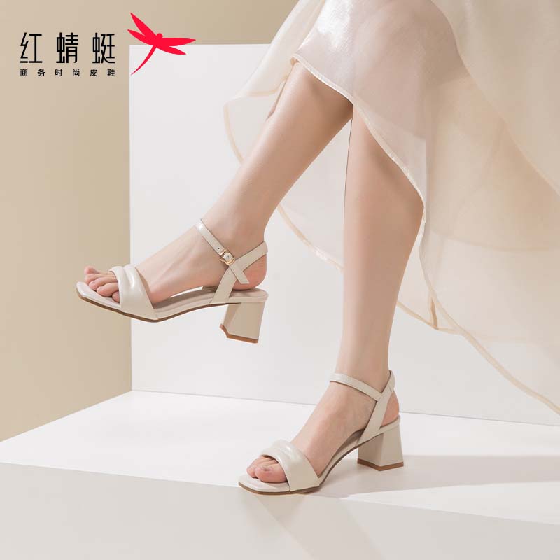红蜻蜓2024夏季一字带粗跟法式高跟鞋女时装凉鞋 WFK24040米白色38