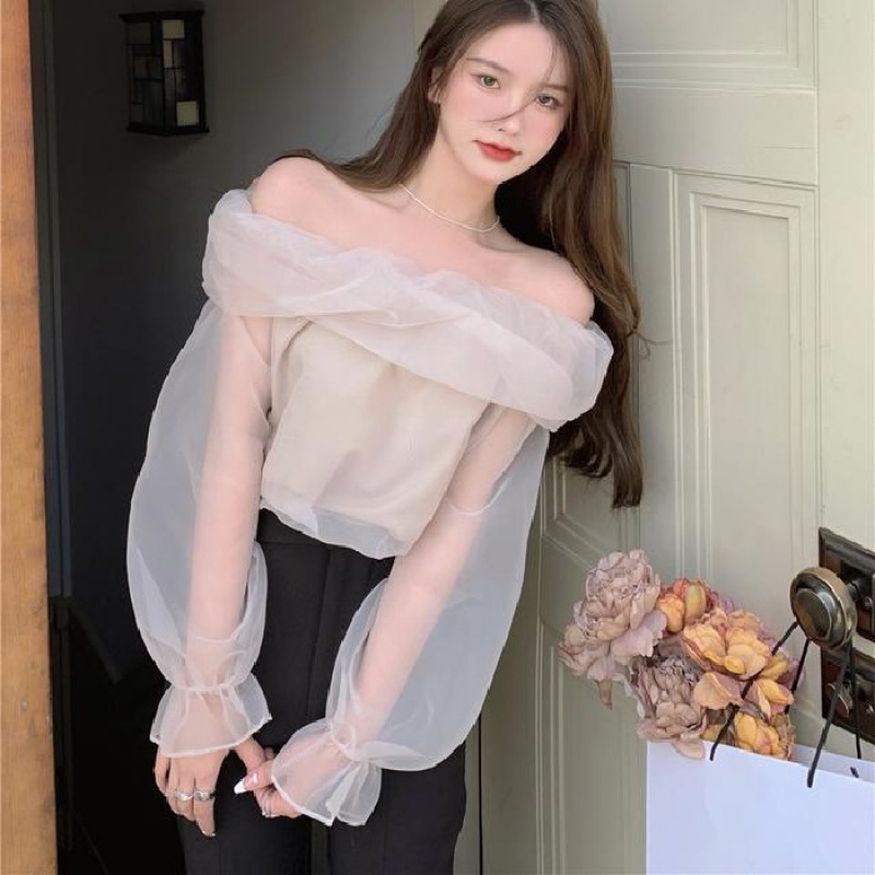 瑟空(sekong)2024夏新款法式一字露肩衬衫女设计感小个子雪纺锁骨上衣