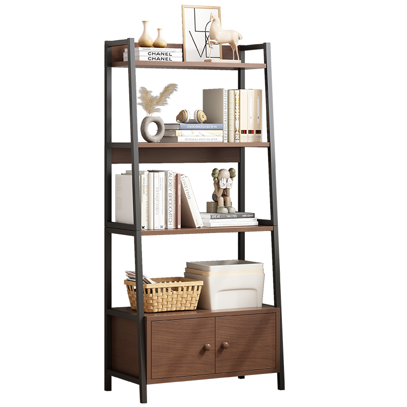 幻狐书架简约落地收纳架多层置物架简易柜子展示架多功能大容量省空间储物架子 【双抽款】橡胶木+白色63*30*150CM