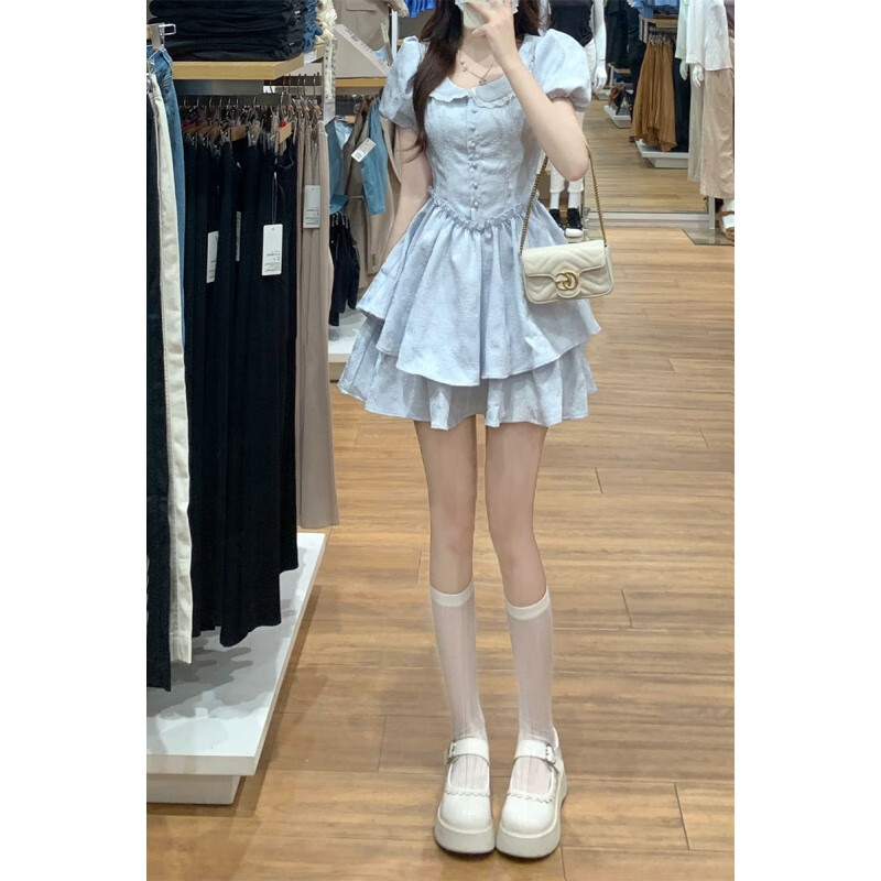 漫蒂薇裙子夏天女裝2024夏季新款學(xué)生篷篷裙甜辣妹娃娃領(lǐng)連衣裙夏泡泡袖 奶藍(lán)色 S