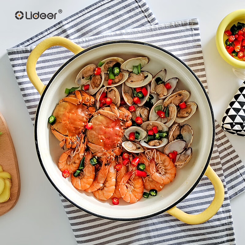 LIDEER COOKWARE立德尔珐琅锅炖锅微压锅家用珐琅铸铁锅海鲜锅搪瓷锅焖锅电磁炉 焖炖锅组合套餐松露白（偏灰色）28cm+ 16cm