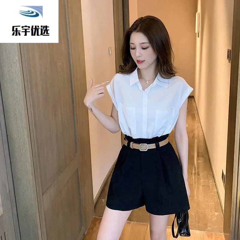 悠曼婭（YOUMANYA）時(shí)尚顯瘦套裝女夏裝新款大碼微胖妹妹穿搭洋氣白襯衫闊腿褲1 白襯衣+黑色短褲【網(wǎng)紅炸街/感/減齡洋氣/時(shí)髦】 S【建議80-90斤+腰帶】