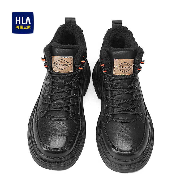 海澜之家马丁靴男鞋子男鞋秋冬2025新款男士马丁靴高帮棉鞋男增高休闲皮靴 黑色【加绒加厚棉鞋男436】 43