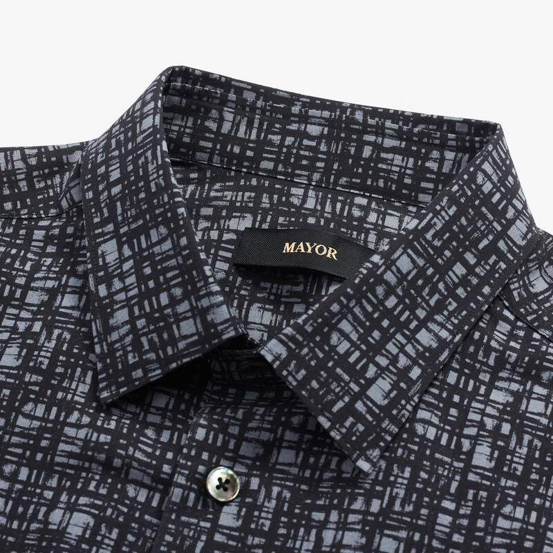 MAYOR男装 秋季棉桑蚕丝印花透气修身时尚男士长袖衬衫 黑灰 38