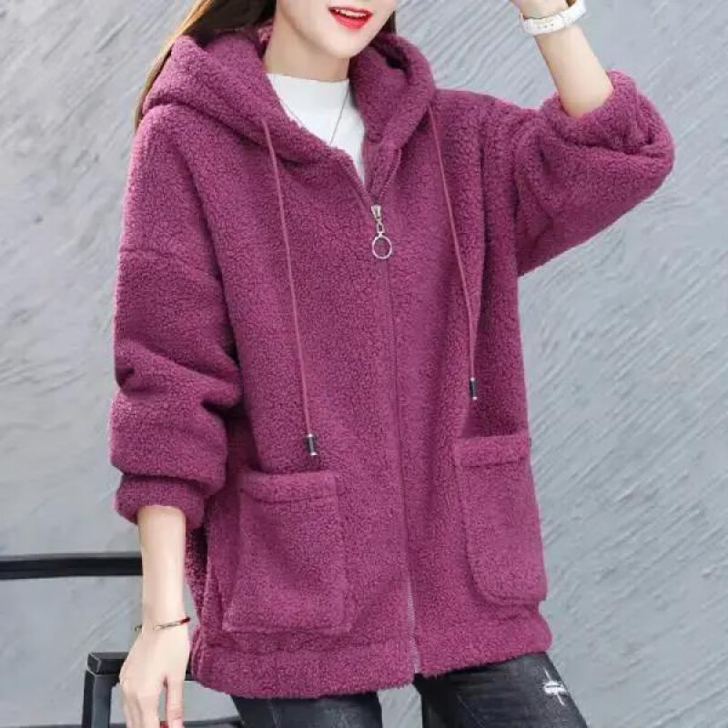 【秋季女装短款外套】羊羔绒女加绒加厚斤时尚韩版开衫外套 紫红色 4XL 建议180-200斤