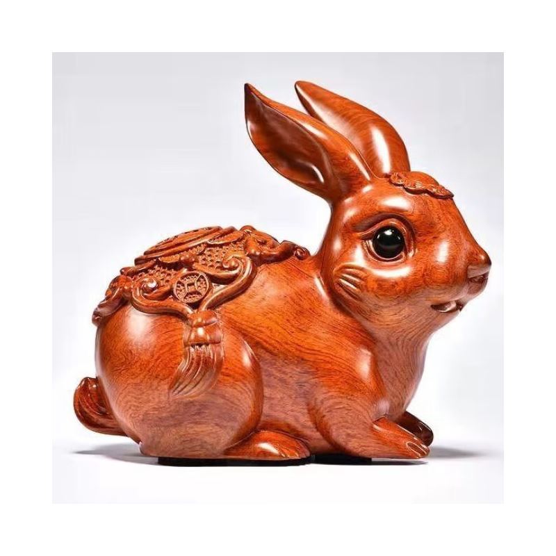 花梨木雕刻兔子摆件黑檀木动物十二生肖福财装饰工艺礼