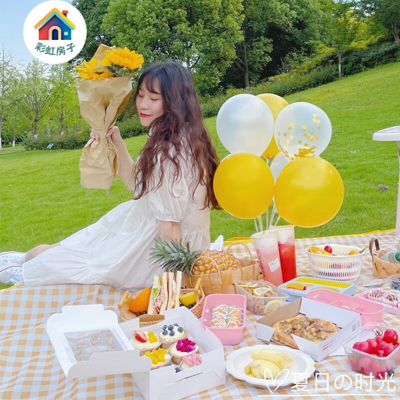 彩虹房子   好物野餐防雨防晒沙滩加厚00cm*50cm国货 黄白格（黄包+黄垫） 野餐垫+大号野餐包