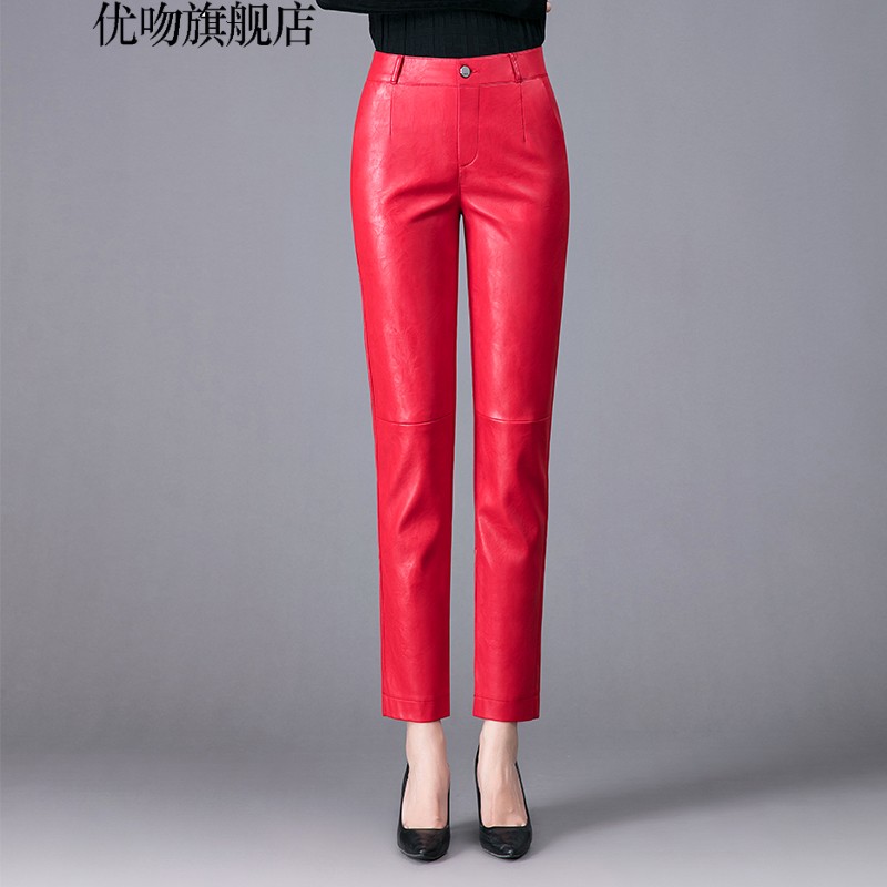 优吻真皮皮裤女春秋款西裤秋冬加绒绵羊皮高腰显瘦直筒宽松烟管裤