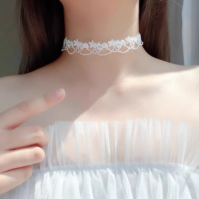 翡宇 女款蕾絲項(xiàng)鏈 薄紗珍珠頸鏈 黑色鎖骨鏈 復(fù)古風(fēng)choker頸帶配飾 白色花邊蕾絲項(xiàng)鏈