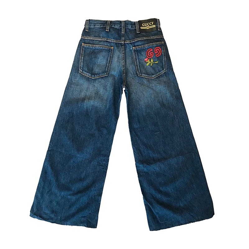 gucci 古驰 蓝色织物背后刺绣玫瑰字母女士阔腿裤 牛仔裤 蓝色 24