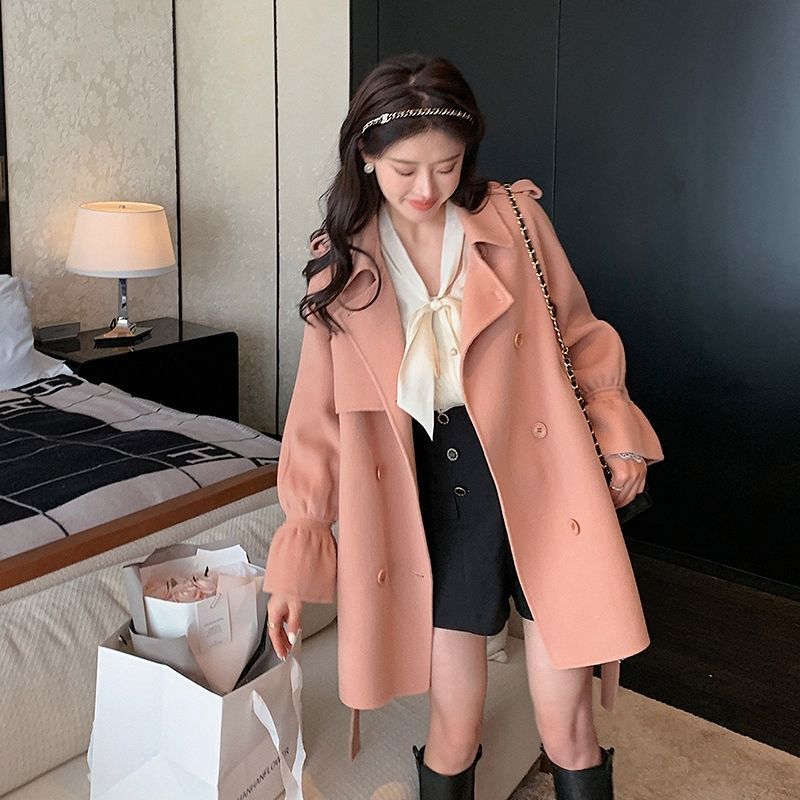 秋季新款粉色双面呢大衣女秋小个子洋气双排扣毛呢外套少女潮 蜜桃柔