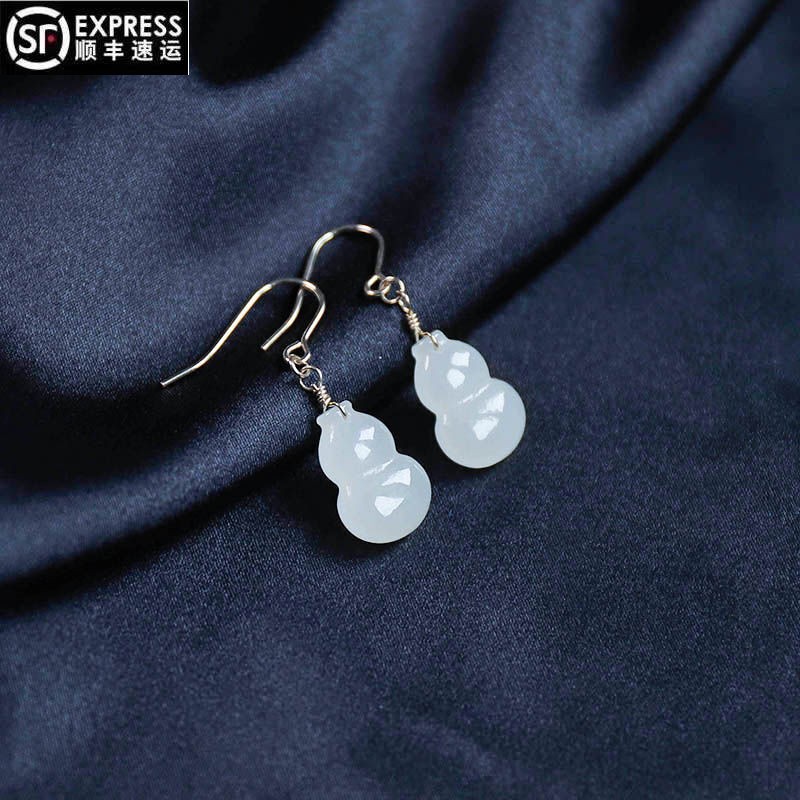 亲瑞天然和田玉白玉葫芦耳坠包金时尚耳环耳饰耳钩 图片色