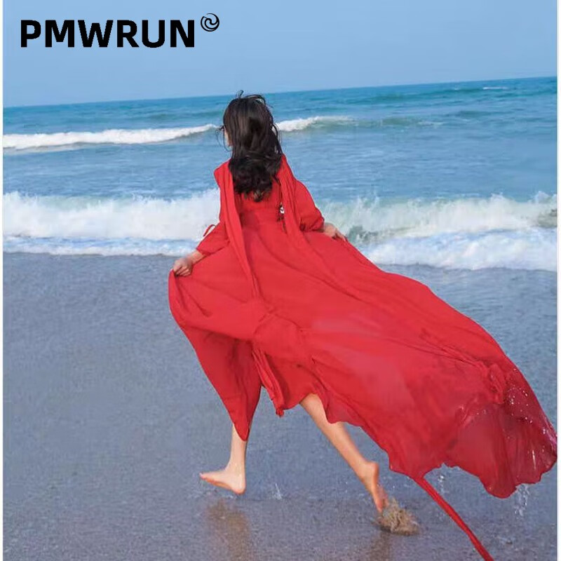 PMWRUN三亚青海湖沙滩裙超仙海边度假连衣裙红色大拖尾沙漠长裙露背拍照 红色不露背 3XL