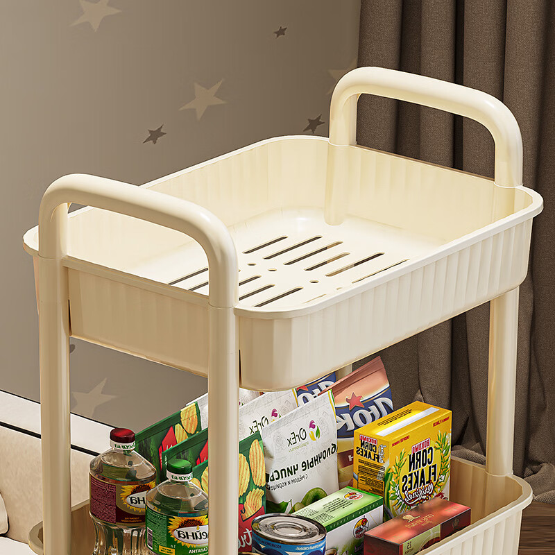 米多鱼小推车置物架落地多层小推车可移动厨房浴室收纳架蔬菜水果零食架 【3层经典款-奶油白】带滑轮