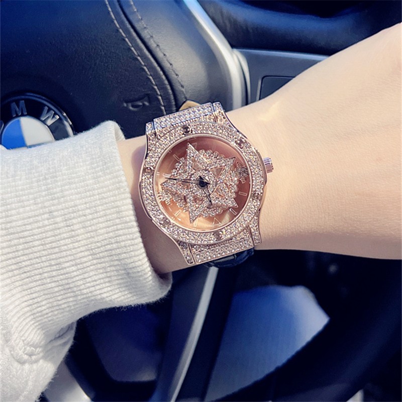 三达五芒星手表女士时来运转轻奢小众雪花女神送礼高级感明星同款腕表 银壳白皮带【镶钻五芒星】