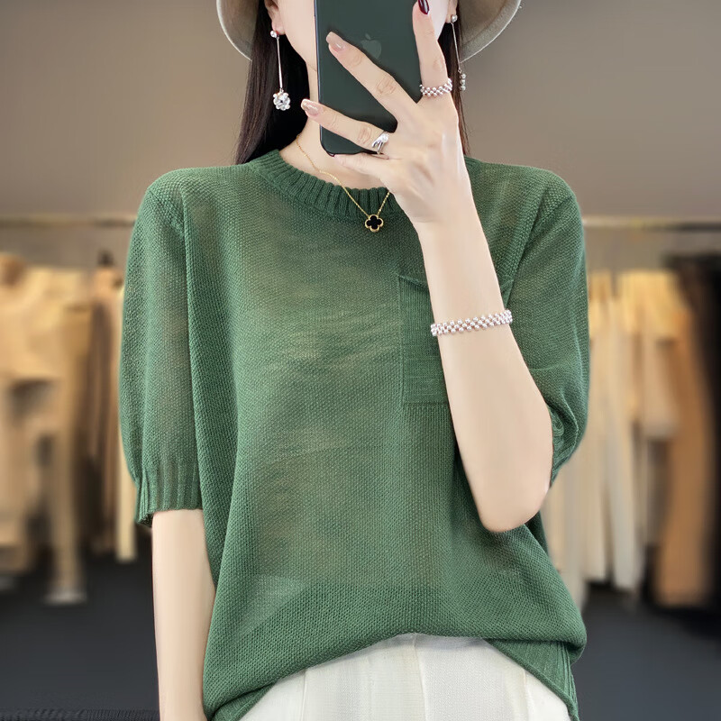 冰丝针织t恤2024夏季新款薄款色亚麻竹节麻短袖t恤上衣 松石绿色 m