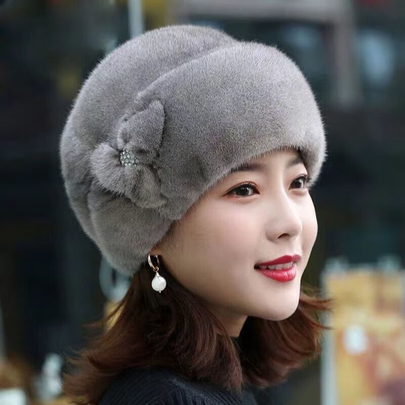 回夢(mèng)生花皮草帽女冬天仿水貂毛禮帽時(shí)尚皮保暖帽中老年皮草包頭帽潮流 灰色 通用尺寸