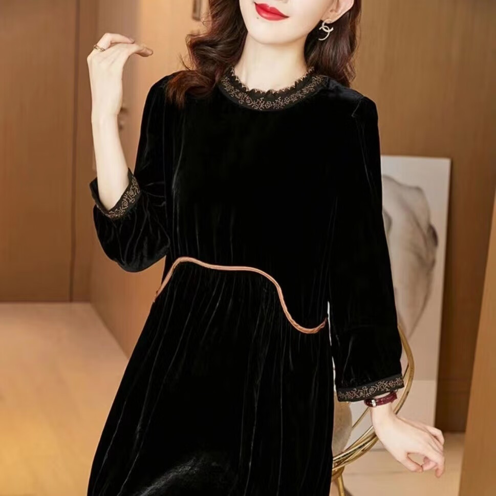 鹿藤丝绒连衣裙高端大气上档次高档奢华大牌金丝绒连衣裙2024春新款高