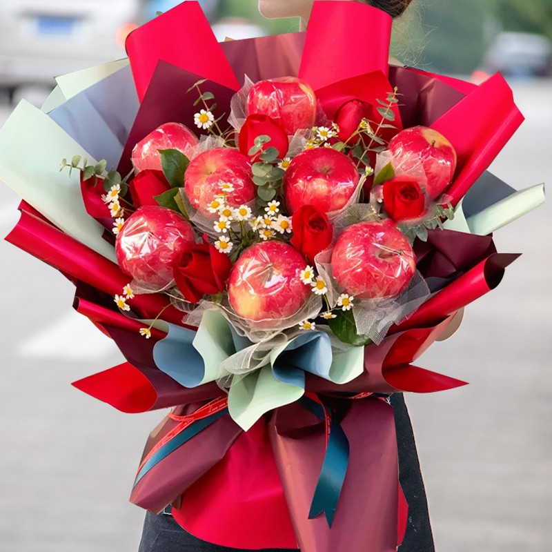 卓盛花卉 水果混搭网红草莓花束送老婆女友闺蜜生日礼物全国同城配送上门 红玫瑰+苹果混搭花束