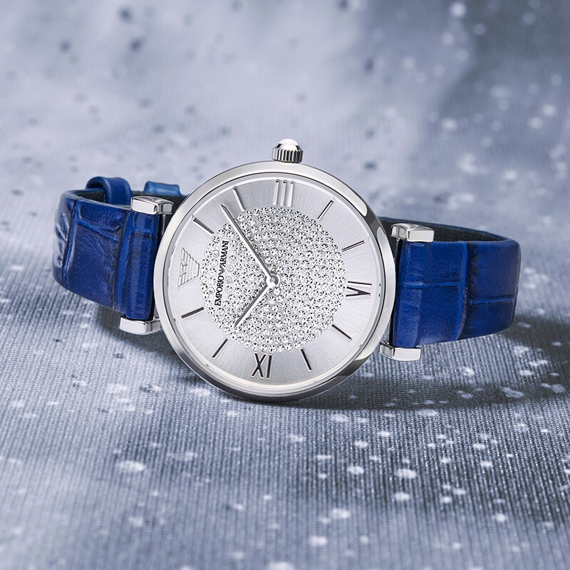 阿玛尼(emporio armani)满天星手表 蓝色皮带休闲商务女表 石英女士