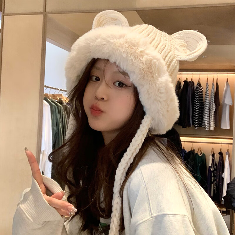 妙奚娅韩版甜美可爱耳朵毛绒针织帽子女秋冬季保暖护耳毛线加绒冷帽 米色 M(56-58cm)怎么看?