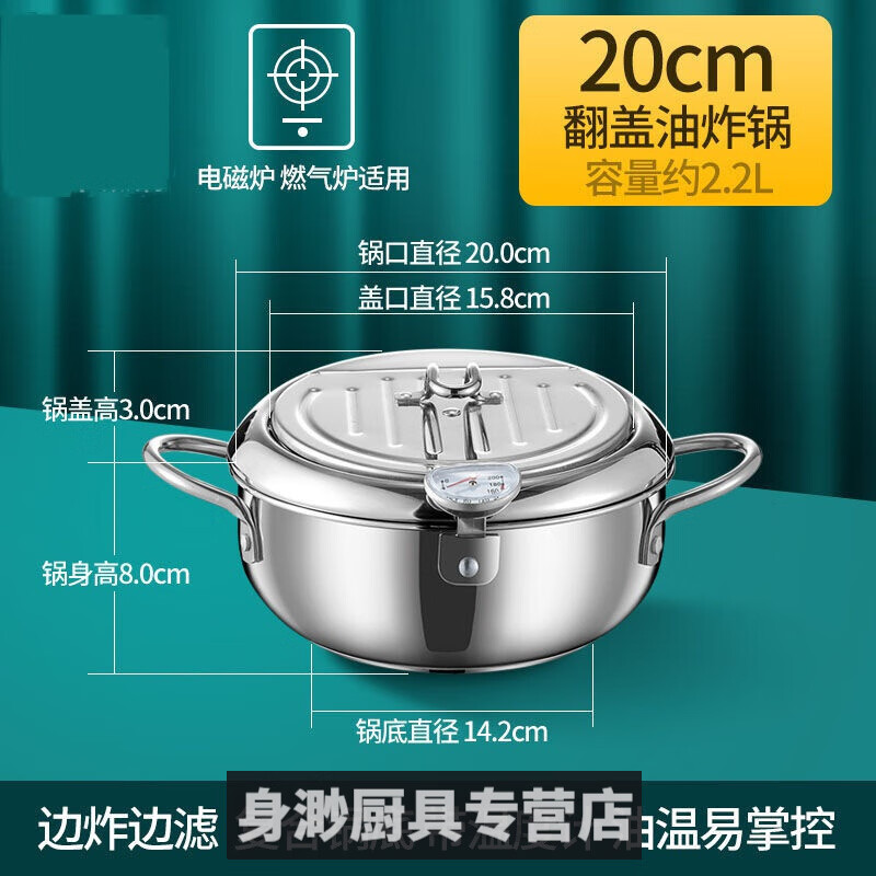 油炸锅可控温加厚不锈钢小炸锅电磁炉燃气灶通 家用炸油锅20(201材质)