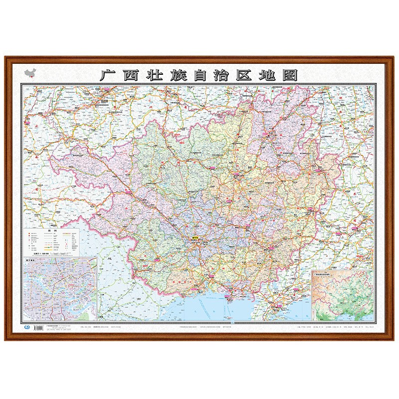 【定制边框】2023年 广西地图 木框装裱 约1.1米*0.8米 胡桃色边框