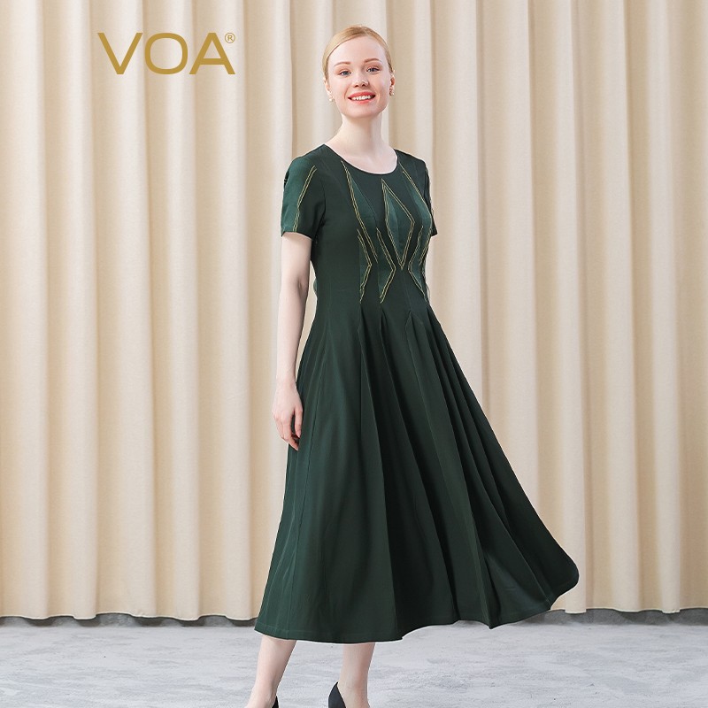 VOA36姆米丝绸重磅圆领短袖对丝拼接明线镶边中长款连衣裙 AE731 常青古木绿（G78） 160/M