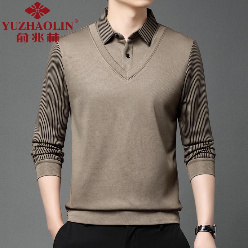 俞兆林假两件长袖t恤男士冬季新款加绒保暖衬衫领男装一体绒休闲卫衣服 卡其色 3XL (185) (建议175-190斤穿)