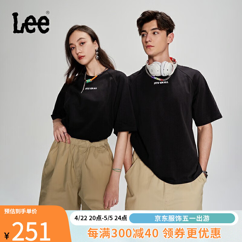 Lee商场同款舒适版型插肩袖设计男女同款短袖T恤潮流LUT0050326VJ 黑色（尺码偏大，小一码购买） M