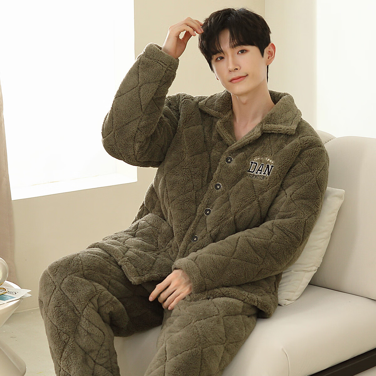 香蜜闺秀【三层夹棉加厚】男士睡衣秋冬新款长袖可外穿保暖男士家居服套装 W3424013橄榄绿 3XL