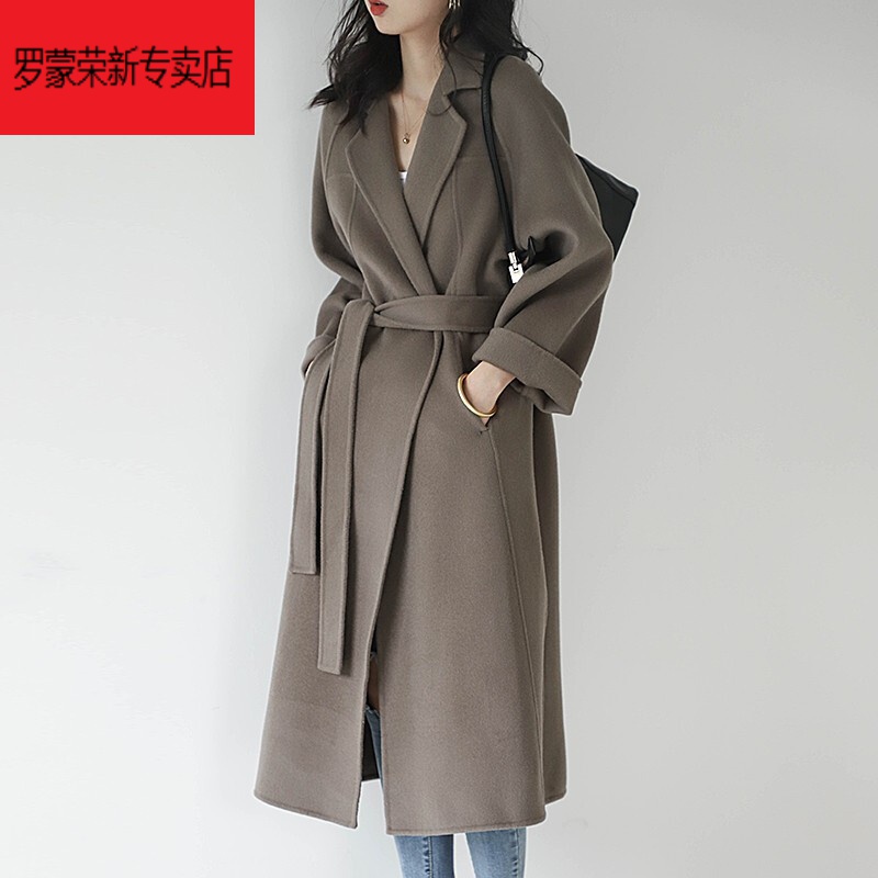 秋冬赫本风中长呢子过膝小个子羊毛呢外套时尚官方专柜女装 灰咖色 s
