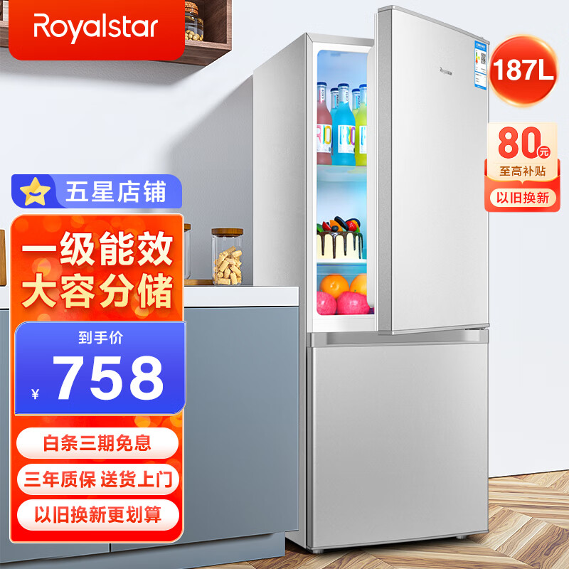 荣事达（Royalstar）187升冰箱双开门二门小型家用出租房宿舍冷藏冷冻节能省电保鲜两门双门立式电冰箱 187L 太空银 一级能效